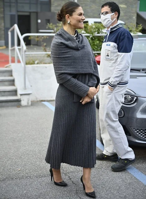 Crown Princess Victoria wore a grey knitted merino wool dress. H&M Conscious Exclusive Collection Rhinestone necklace
