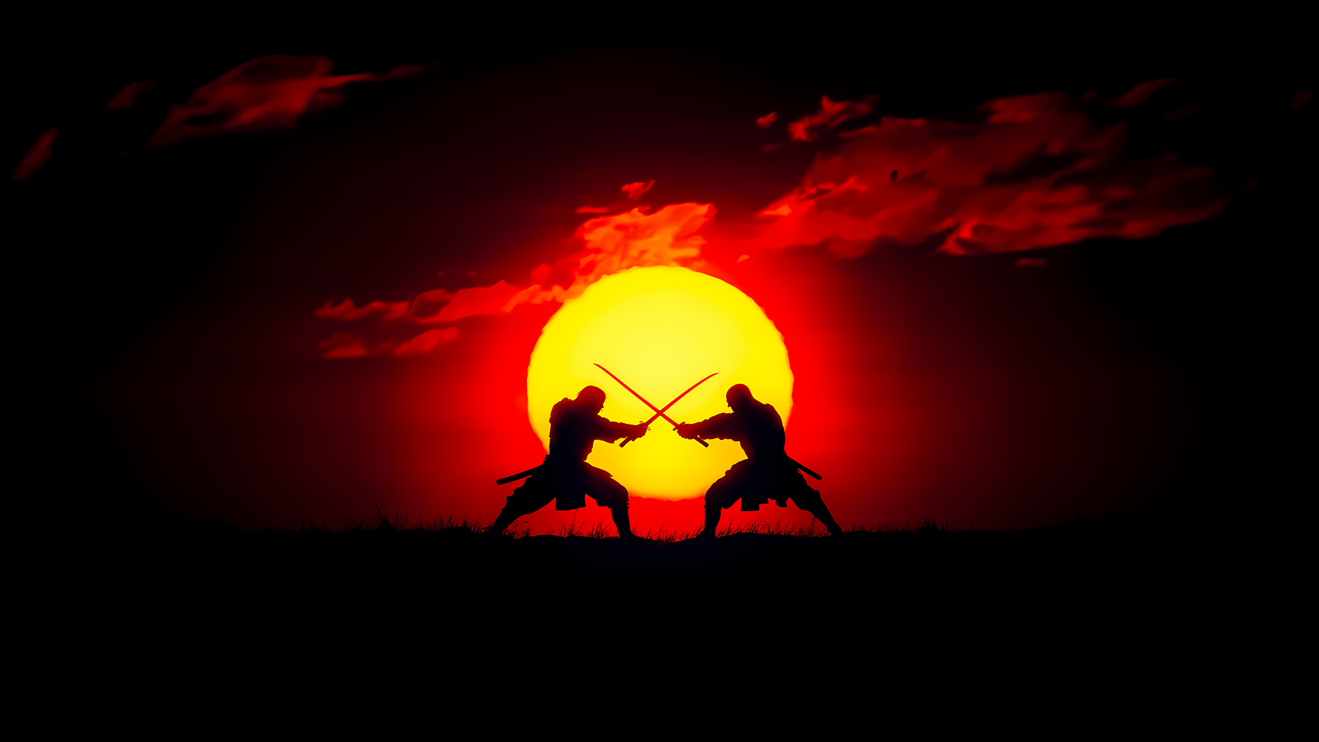 Two samurai warriors, silhouetted against a fiery sunset, engage in a deadly duel with swords. 4K wallpaper for PC.
