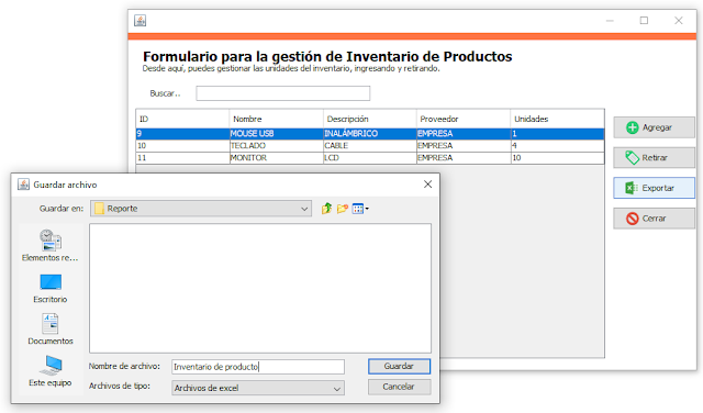 exportar inventario a excel