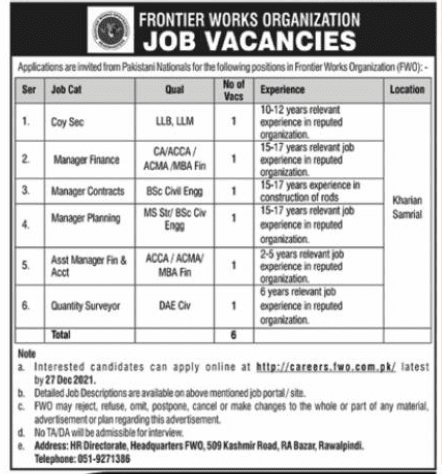 Frontier Works Organization (FWO) Jobs 2021 | Latest Job in Pakistan