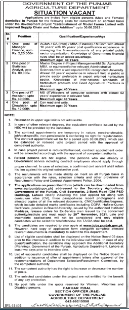 Punjab Agriculture Department Jobs 2021 Bhakkar Lahore