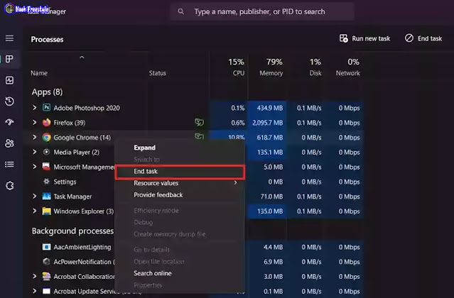 إيقاف المتصفح في Task Manager