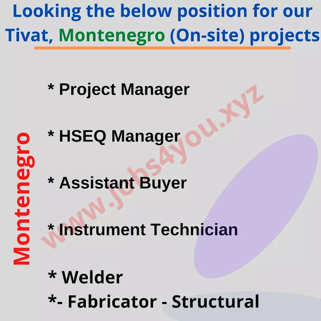 Looking the below position for our Tivat, Montenegro (On-site) projects