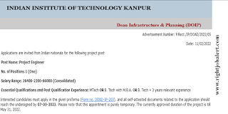 Project Engineer M.Tech Or B.Tech with MBA Or B.Tech Jobs in IIT Kanpur