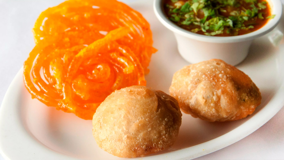 Combination of Kachori, Aloo curry and Jalebi