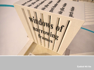 Slide showing beige 3 D structure with slits th words "Windows of narrowing width" are superimposed in black fonte are