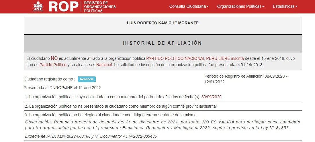 ROP - Roberto Kamiche renunció a Perú Libre