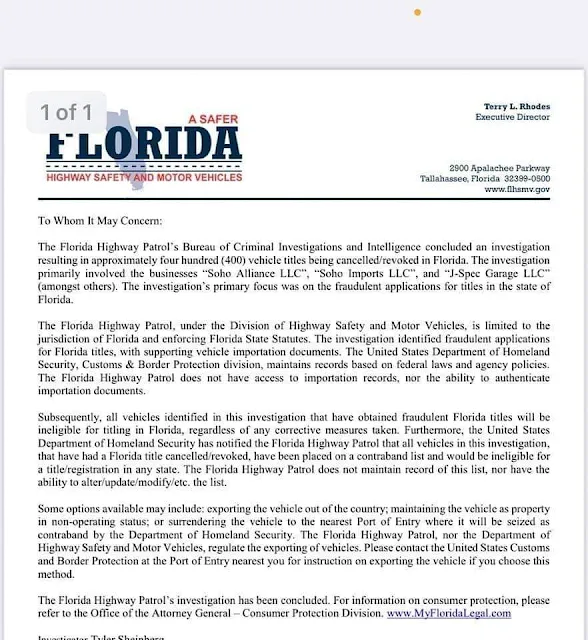 Florida Highway Patrol letter discussing the revoking of approximately 400 vehicle titles