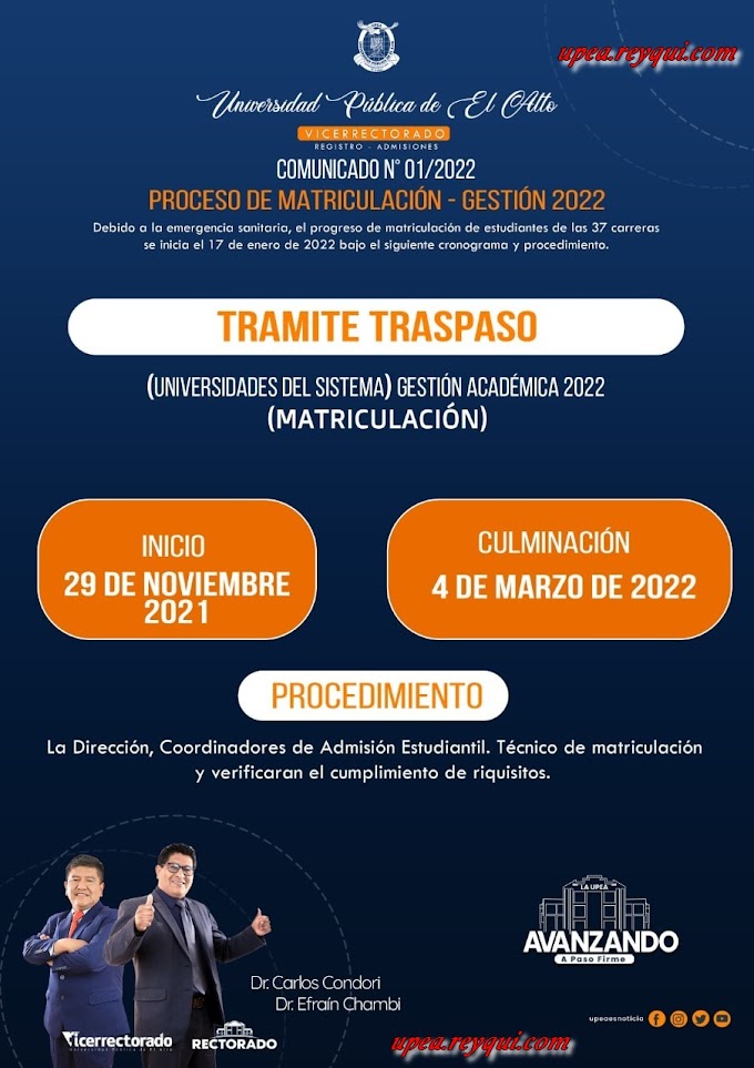 Matriculación UPEA 2022: Trámite Traspaso