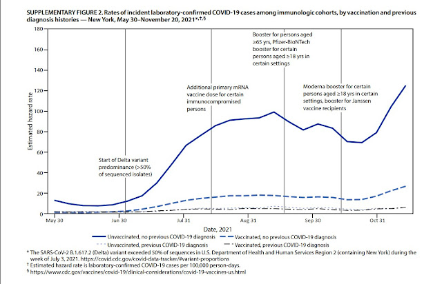 SUPPLEMENTARY FIGURE 2. Rates of incident laboratory-confirmed COVID-19 cases among immunologic cohorts, by vaccination and previous diagnosis histories — New York, May 30–November 20, 2021