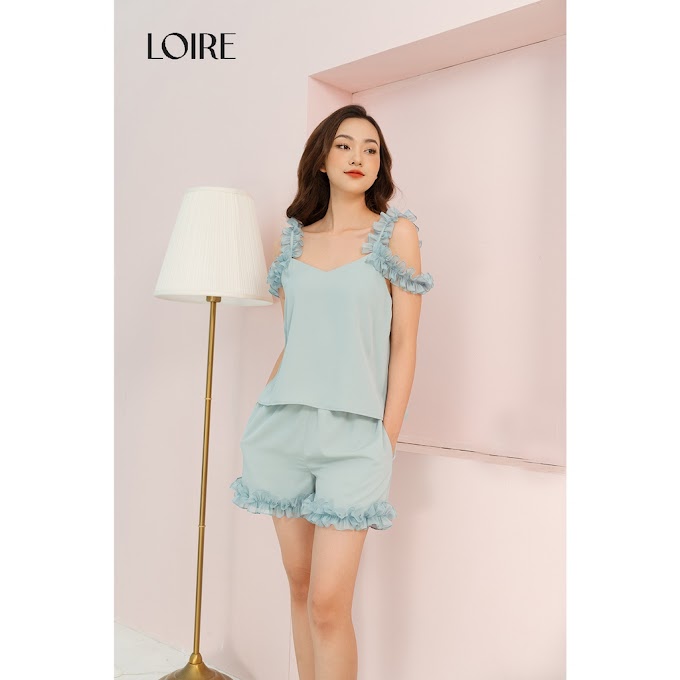 Mall Shop [ loirechic ] [Mã WABRLOIRE giảm 50K đơn 250K] Bộ Đồ Ngủ Hai Dây Nhấn Voan Bồng Bềnh Loirechic BDN29