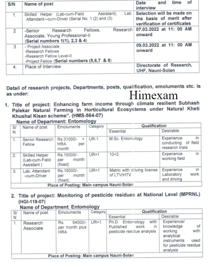 YS Parmar Nauni University Lab Attendant- Cum driver & Other Posts Recruitment 2022