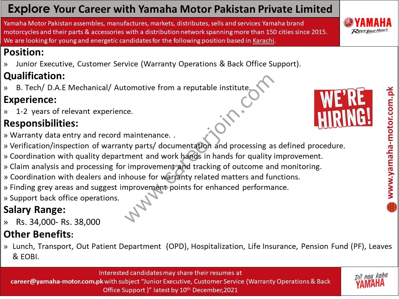 Yamaha Motors Pakistan Pvt Ltd Jobs Junior Executive