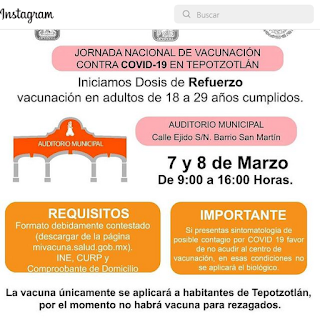 Fechas para la jornada de vacunación para jóvenes de 18 29 años cumplidos en Tepotzotlán