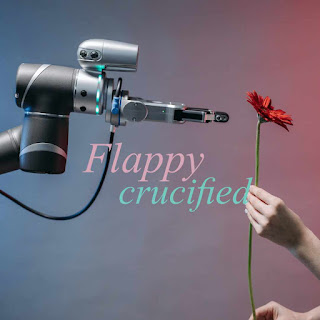 Flippy, the disembodied robot arm from Basil and Gonz's podcast Canary Cry Newstalk reaches for a red flower from a white-skinned woman