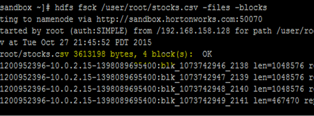 Command: hdfs fsck  /user/root/stocks.csv  -files -blocks  ouput list of files in hadoop algaestudy tutorials
