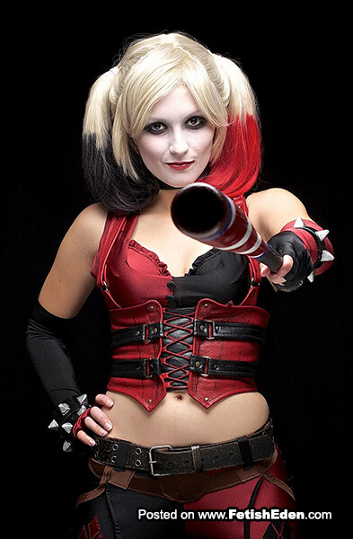 Harley Quinn cosplay with sexy blonde in red leather corset