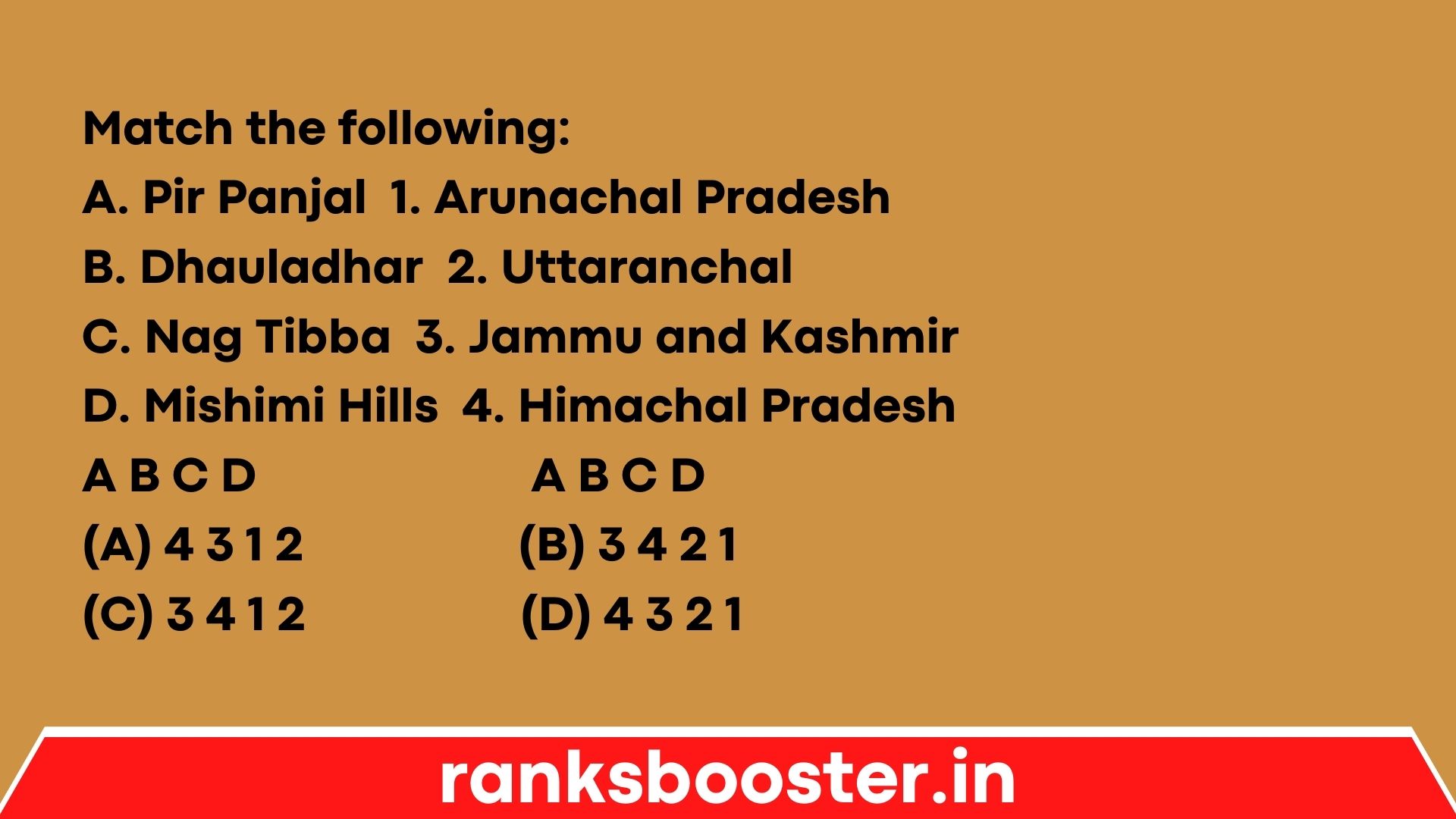 Match the following: A. Pir Panjal 1. Arunachal Pradesh B. Dhauladhar 2. Uttaranchal C. Nag Tibba 3. Jammu and Kashmir D. Mishimi Hills 4. Himachal Pradesh