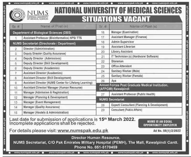 Latest National University of Medical Sciences NUMS Education Posts Rawalpindi 2022