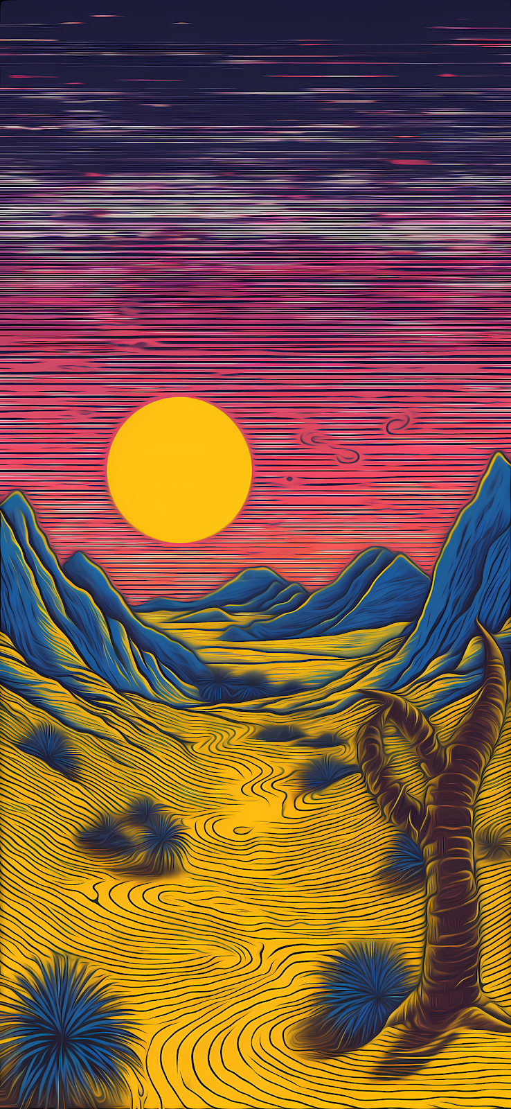 A vibrant desert landscape with a large sun setting over mountains, in a psychedelic style.