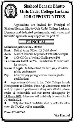 Shaheed Benazir Bhutto Girls Cadet College Larkana Jobs 2022