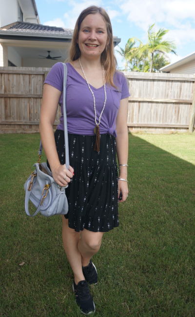 lilac tee knotted over black tiered printed sundress sneakers chloe paraty bag | awayfromblue