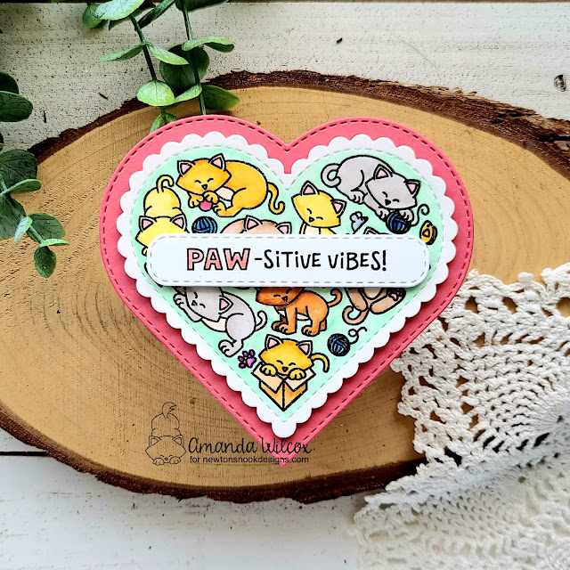 Paw-sitive Vibes Cat card by Amanda Wilcox | Heartfelt Meows Stamp Set, Heart Frames Die Set and Banner Trio Die Set by Newton's Nook Designs