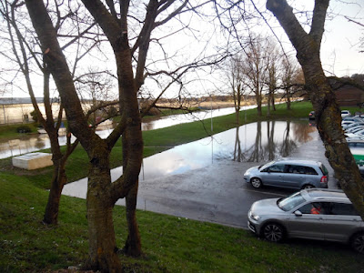 Flood alert on the New River Ancholme in Brigg on  Monday February 21 2022 - flood water on the car park at Ancholme Leisure Centre