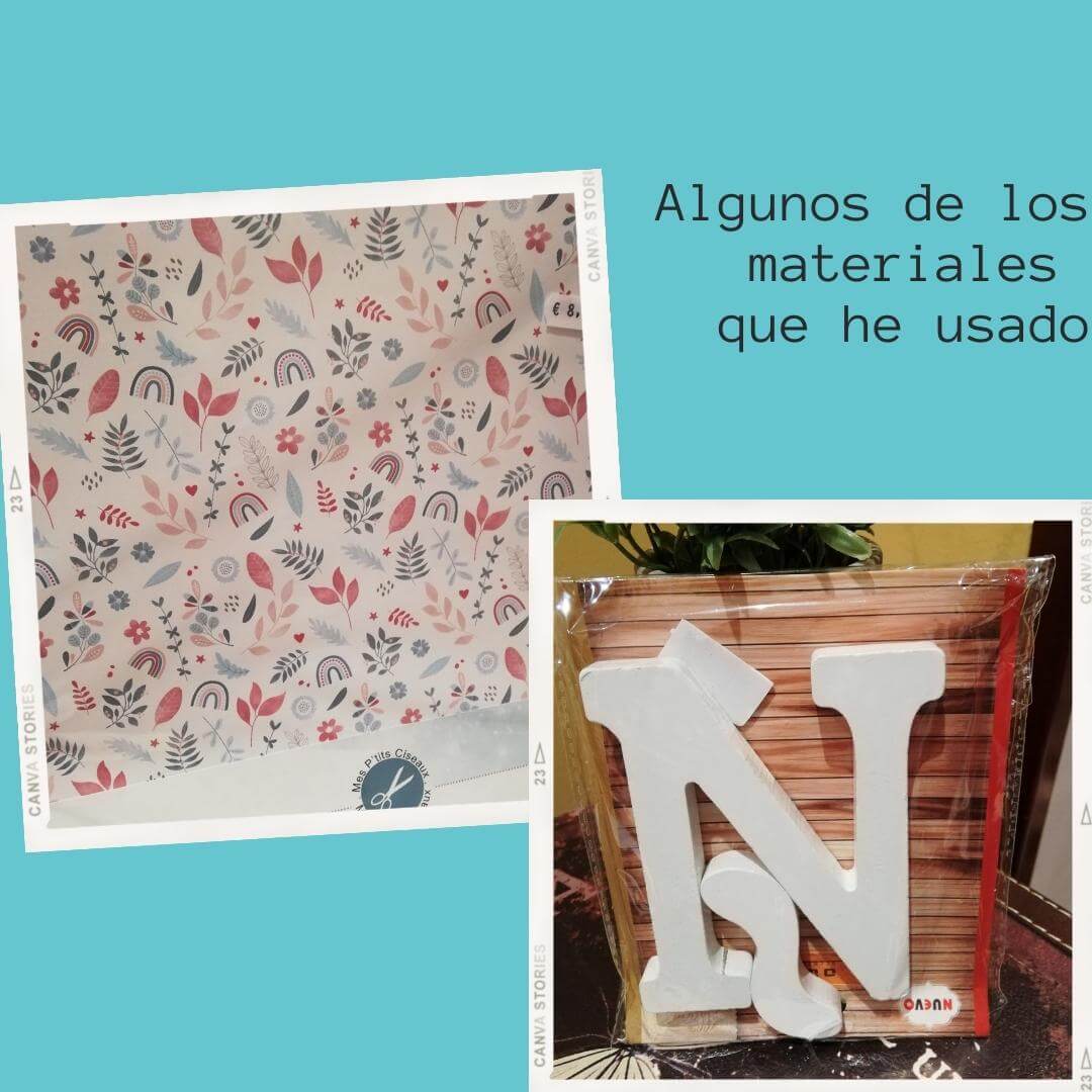 Collage con fondo turquesa del papel usado como principal para elaborar el fondo y letra n de madera