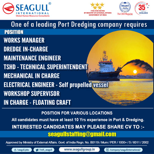 Recruitment for a Leading Port Dredging Company : Submit your CV Seagull Jobs,Maintenance Engineer,Electrical Engineer, Workshop Supervisor,Dredging Jobs,Port Jobs