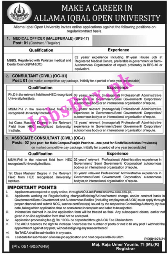 Allama Iqbal Open University AIOU Jobs 2021 – Apply Online www.aiou.edu.pk