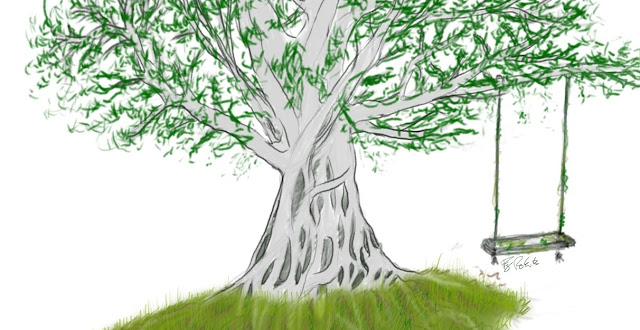 Cropped digital colour drawing of a large, slightly twisted tree with smooth, silver-grey bark and sparse, green leaves. A greening, unused plank swing dangles from a larger branch. Below is a green-and-brown mound of grass.