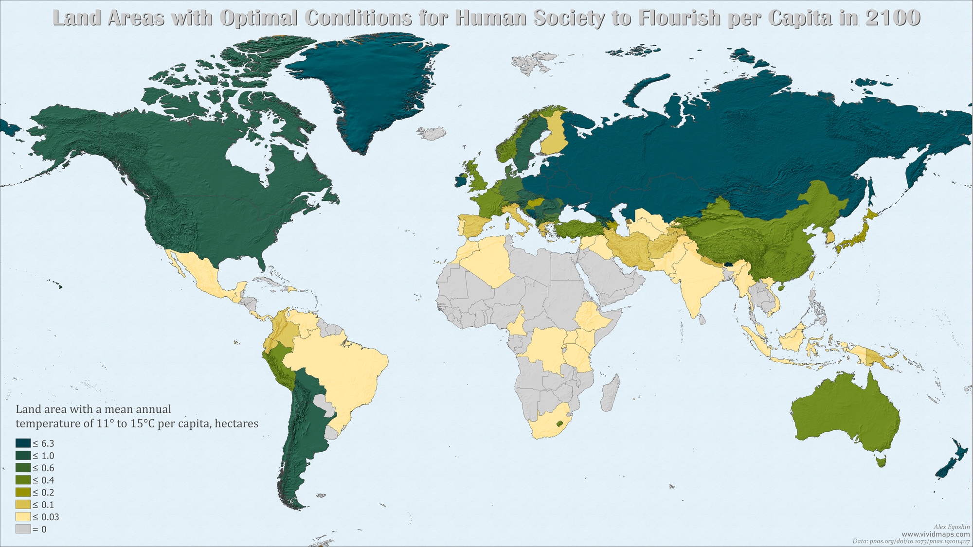 land area with optimal conditions for human society to flourish per capita