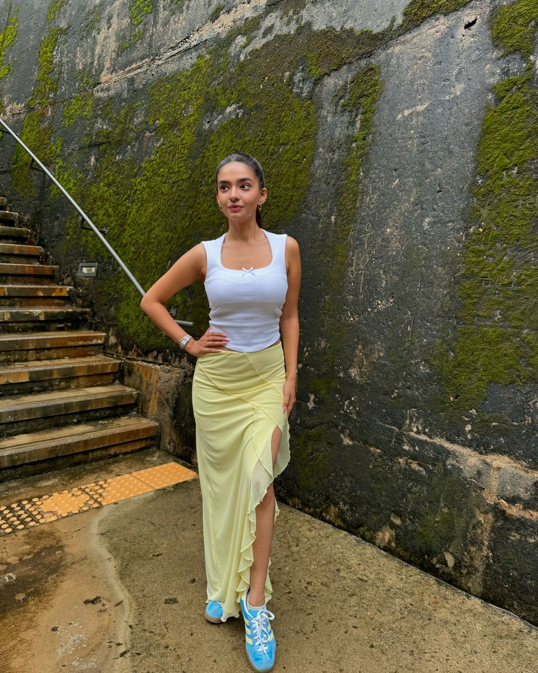 Anushka Sen Stuns Seoul in a White Blouse and Pastel Yellow Maxi Skirt