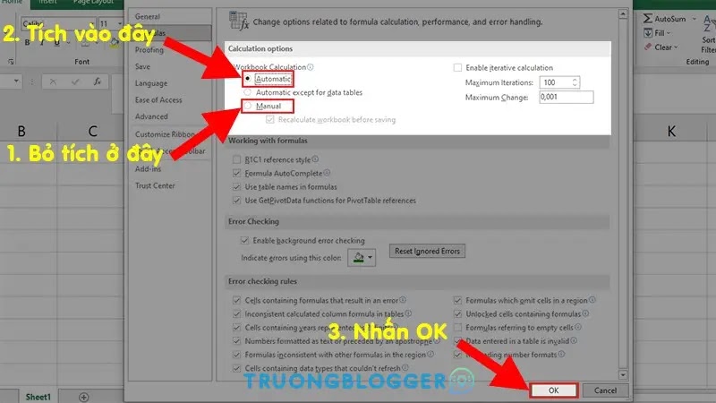 Mẹo sửa lỗi công thức Excel không tính toán và tự động cập nhật