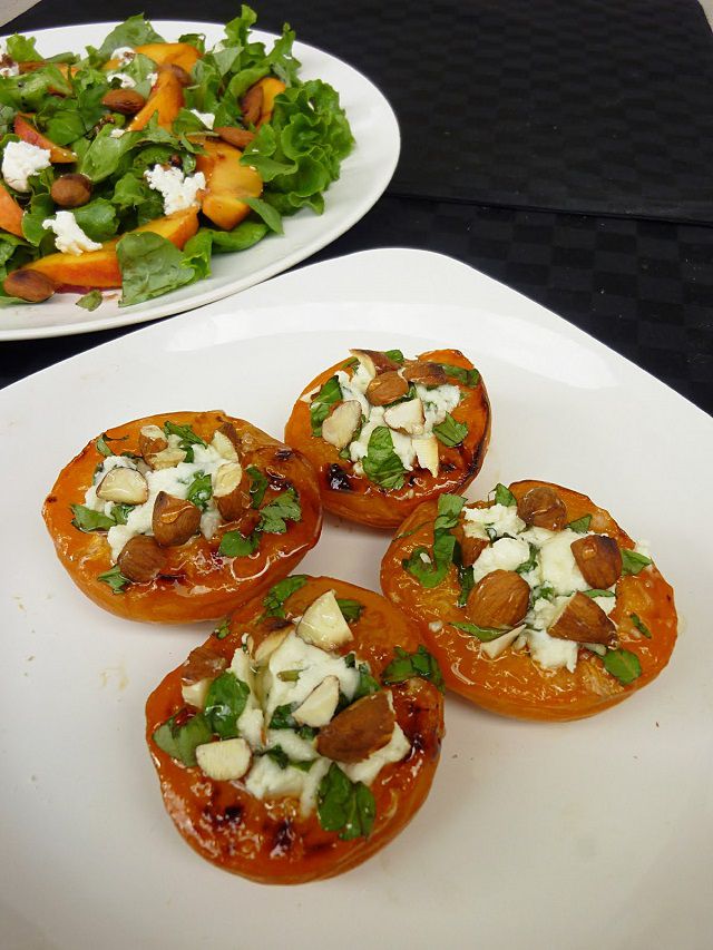 Broiled Apricots with Goat Cheese and a Peach Salad
