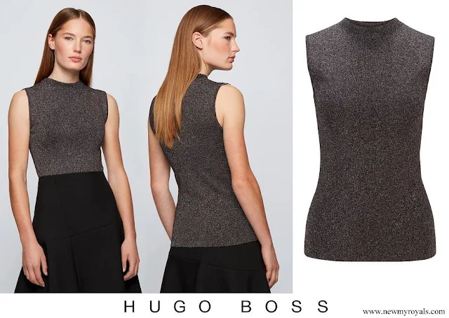 Queen Letizia wore Hugo Boss mock-neck sleeveless top in a lustrous wool blend
