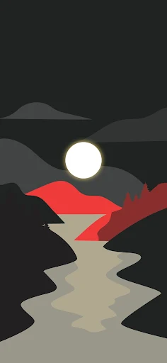 Stylized minimalist landscape with dark mountains, a red accent, and a full moon reflecting over a river.