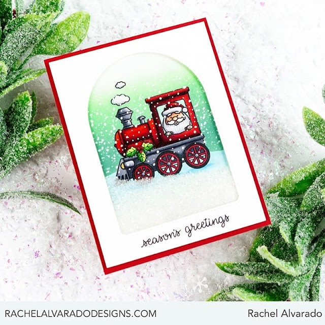Sunny Studio: Santa Claus Christmas Train Shaker Card by Rachel Alvarado (using Holiday Express Stamps & Stitched Arch Dies)