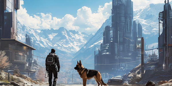 Man and a German shepherd ina mountain city 