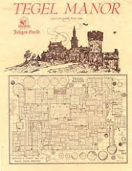Cover for the Judge's Guild Dungeons & Dragons module "Tegel Manor". It has a picture of the ruined manor and the dungeon map on the cover!
