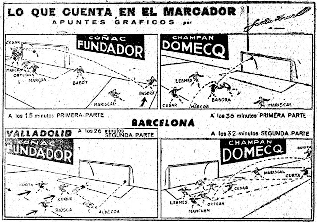 Los goles dibujados en "El Mundo Deportivo".  C. F. BARCELONA 3 REAL VALLADOLID DEPORTIVO 1 Domingo 04/02/1951. Campeonato de Liga de 1ª División, jornada 21. Barcelona, estadio de Las Corts.