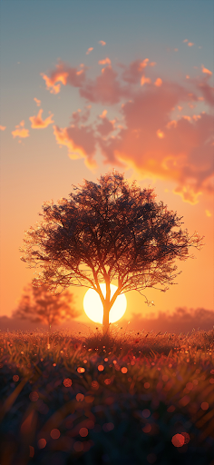 The warm glow of sunrise filters through the branches of a lone tree in a peaceful meadow, with a sky painted in soft hues of orange and blue.