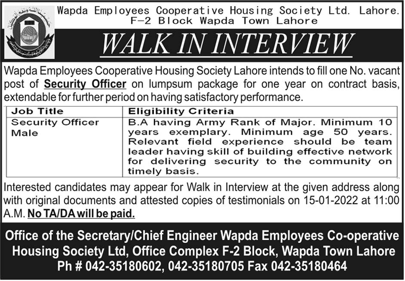 Walk in Interview-WAPDA Employees Cooperative Housing Society Lahore 2022