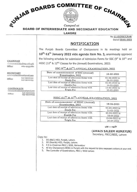 BISE Lahore Matric Annual Admissions Schedule 2022