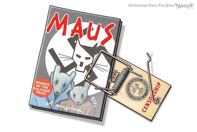 Image of the Pulitzer-prize winning book, Maus, caught in a mousetrap labeled 