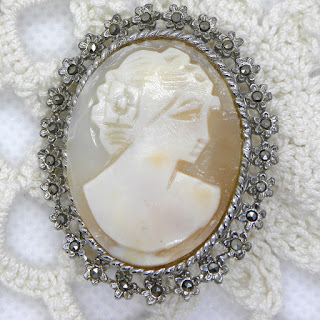 Silver marcasite shell cameo brooch