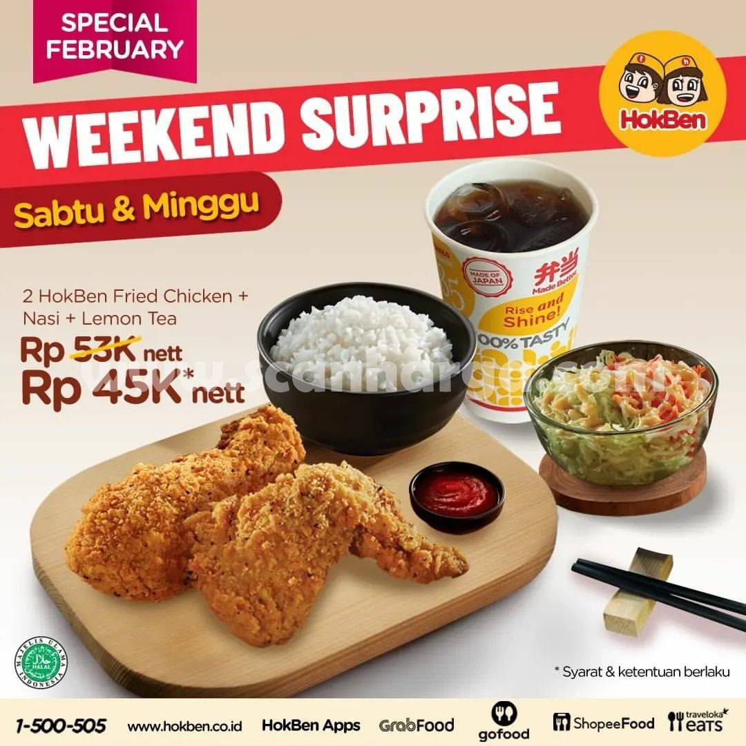 Promo HOKBEN WEEKEND SURPRISE - Beli 2 PAKET FRIED CHICKEN + NASI + LEMON TEA cuma Rp. 45rb