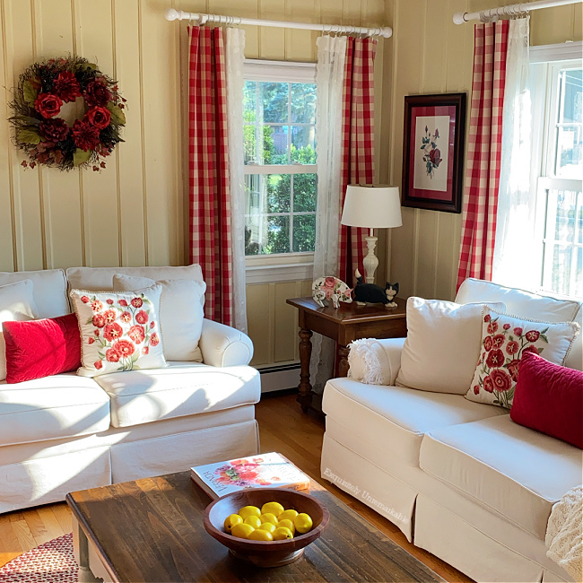 Red Cottage Living Room with red check curtains