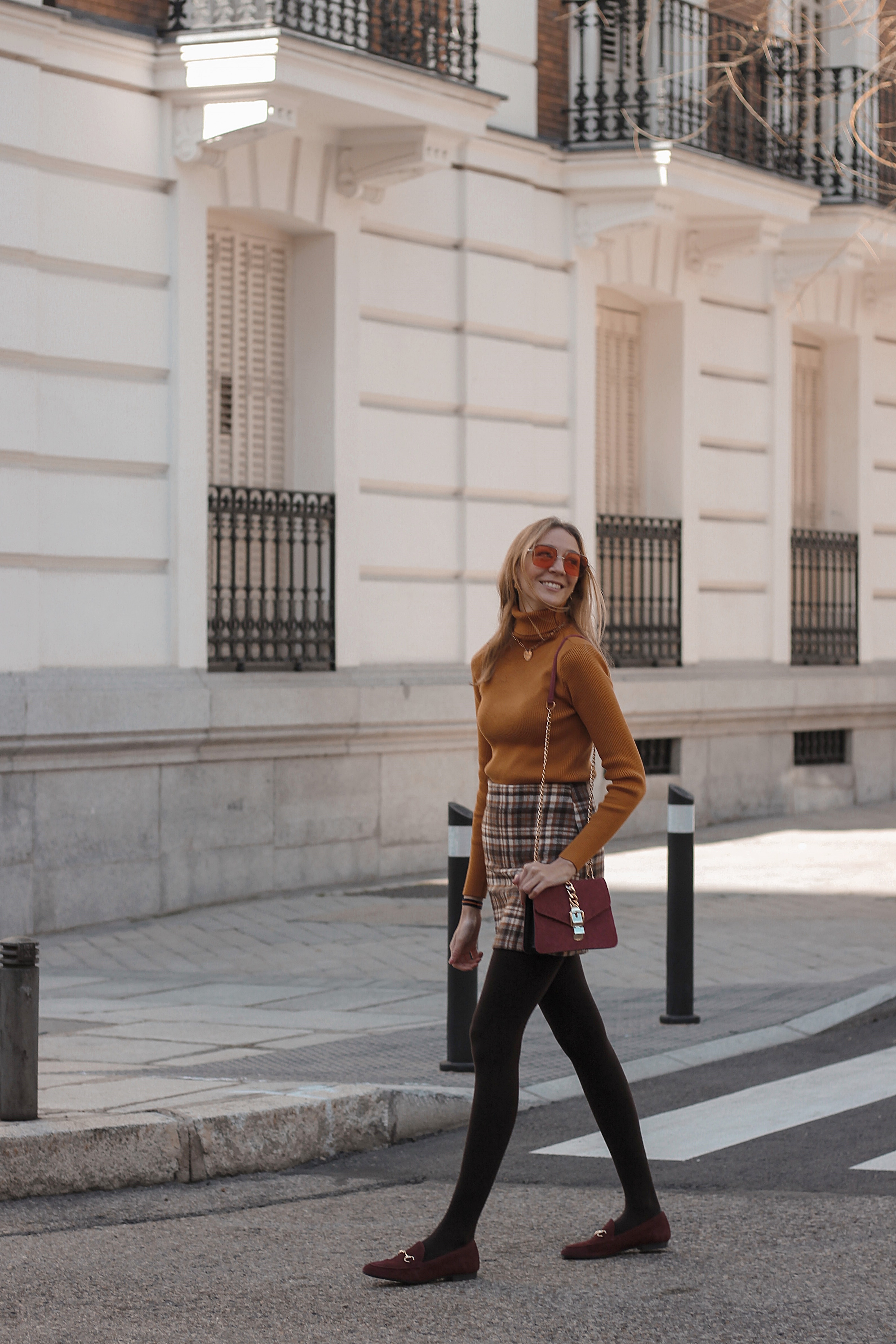 orange-turtle-neck-tartan-skirt-chicwish-burgundy-loaferes-lesac-hawkers-retro-sunglasses-preppyels